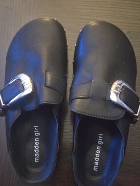 Madden Girl Black Slip-On Shoes with Silver Buckle